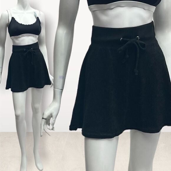 Rue21 Black Terry High Waist Mini Y2K Skater Skirt Drawstring Waist - Picture 1 of 6